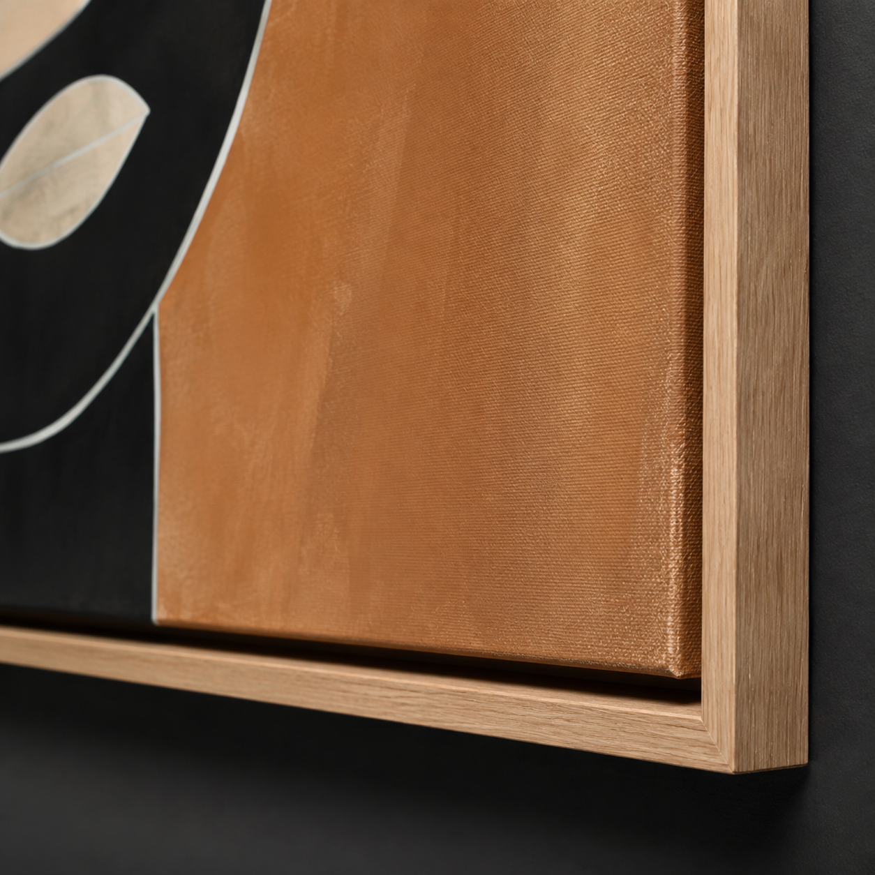 Detail of linen canvas texture and oak floater frame on diptych wall art – Terracotta Reverie by Rossetti Art