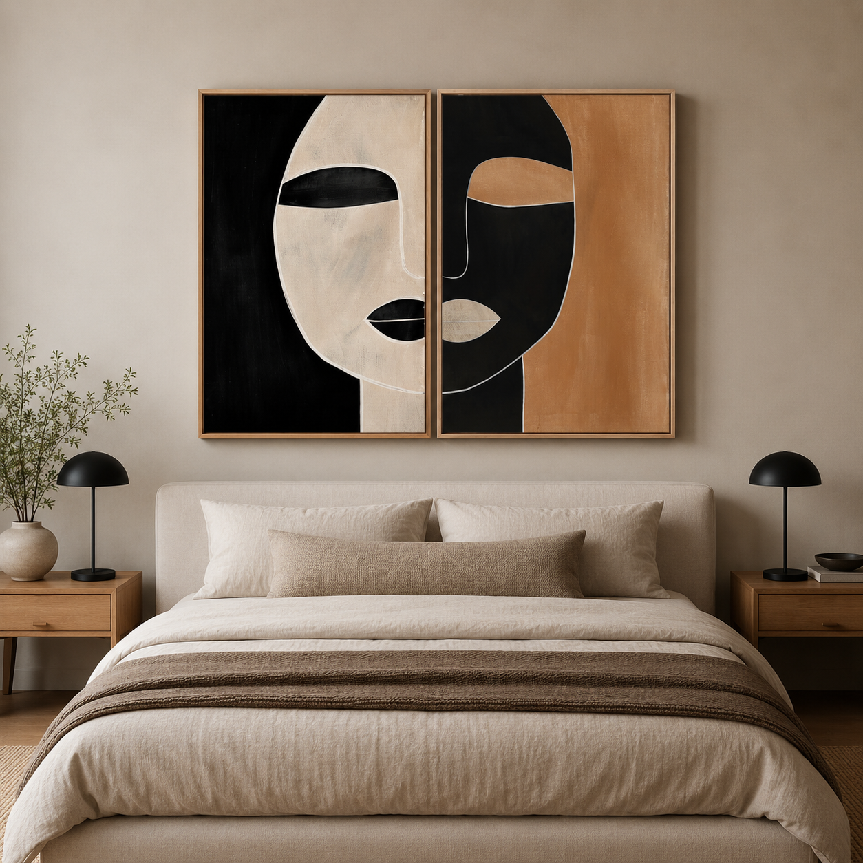 Diptych wall art above a bed in a neutral bedroom – Terracotta Reverie by Rossetti Art