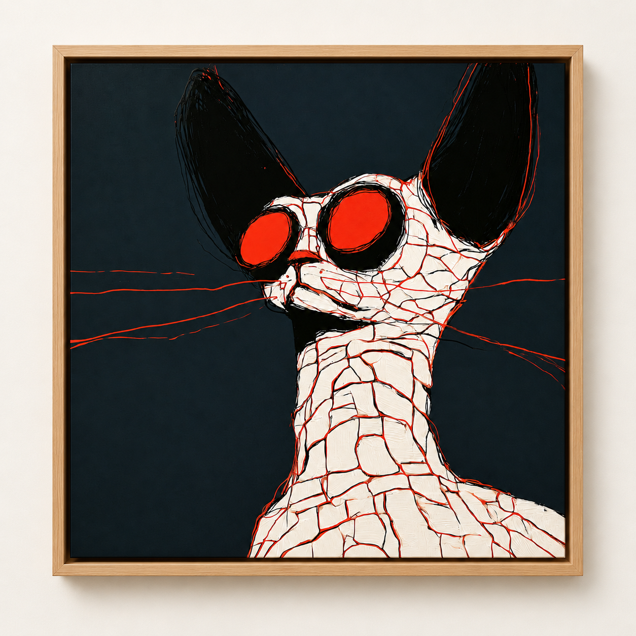 Abstract cat wall art canvas print in a natural oak floater frame – Fractured Ember by Rossetti Art