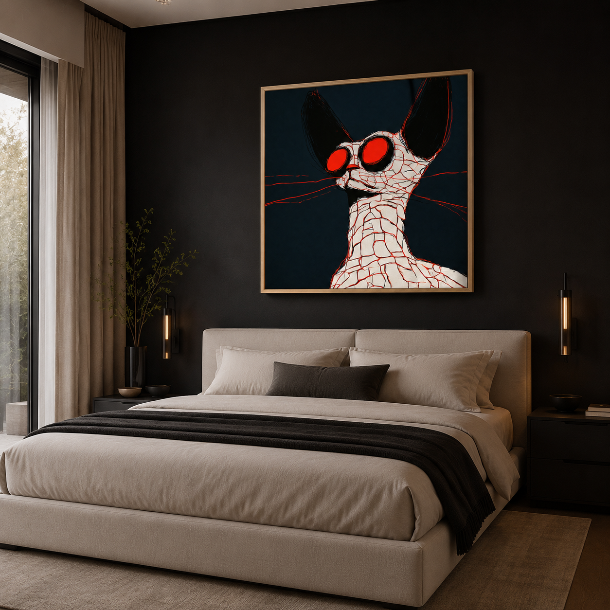 Abstract cat wall art canvas print displayed above a bed in a dark moody bedroom – Fractured Ember by Rossetti Art