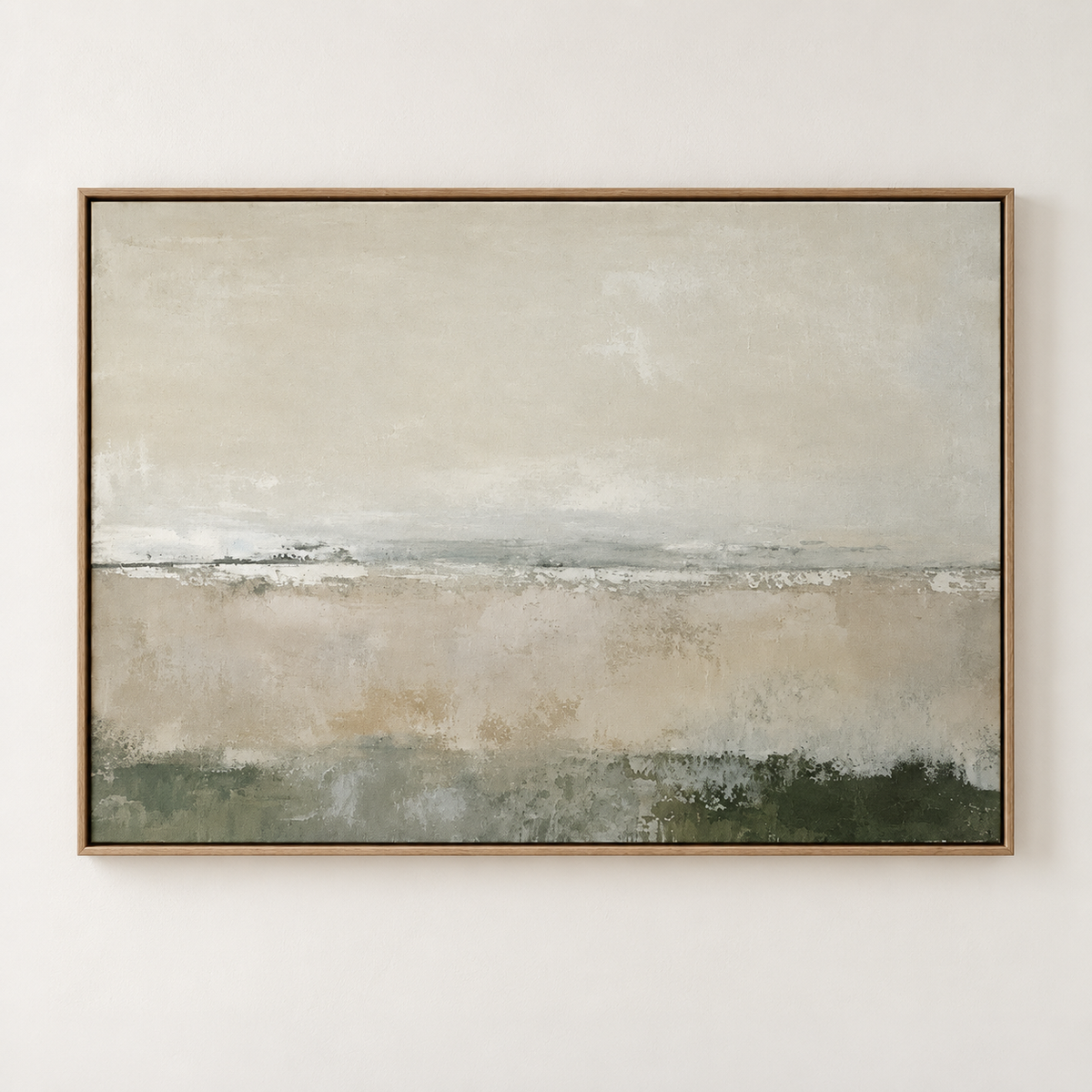Quiet Horizon abstract painting detail — muted sage, beige and ivory horizon bands