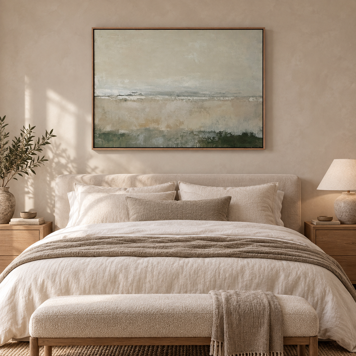 Quiet Horizon sage abstract painting hung in a bedroom — Rossetti Art