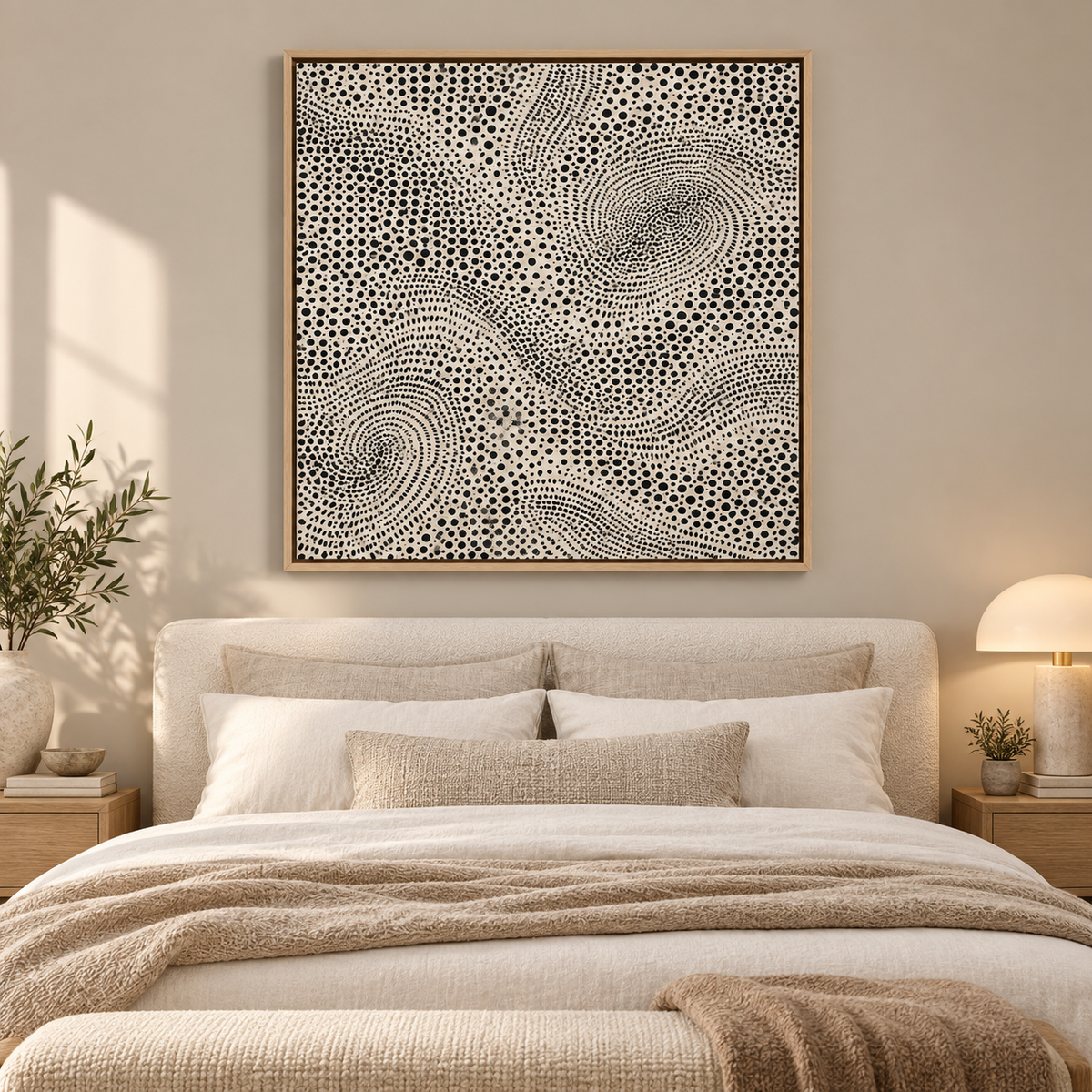 Black and white abstract dotted canvas print in an oversized oak floater frame above a neutral living room sofa — Dotted Currents by Rossetti Art