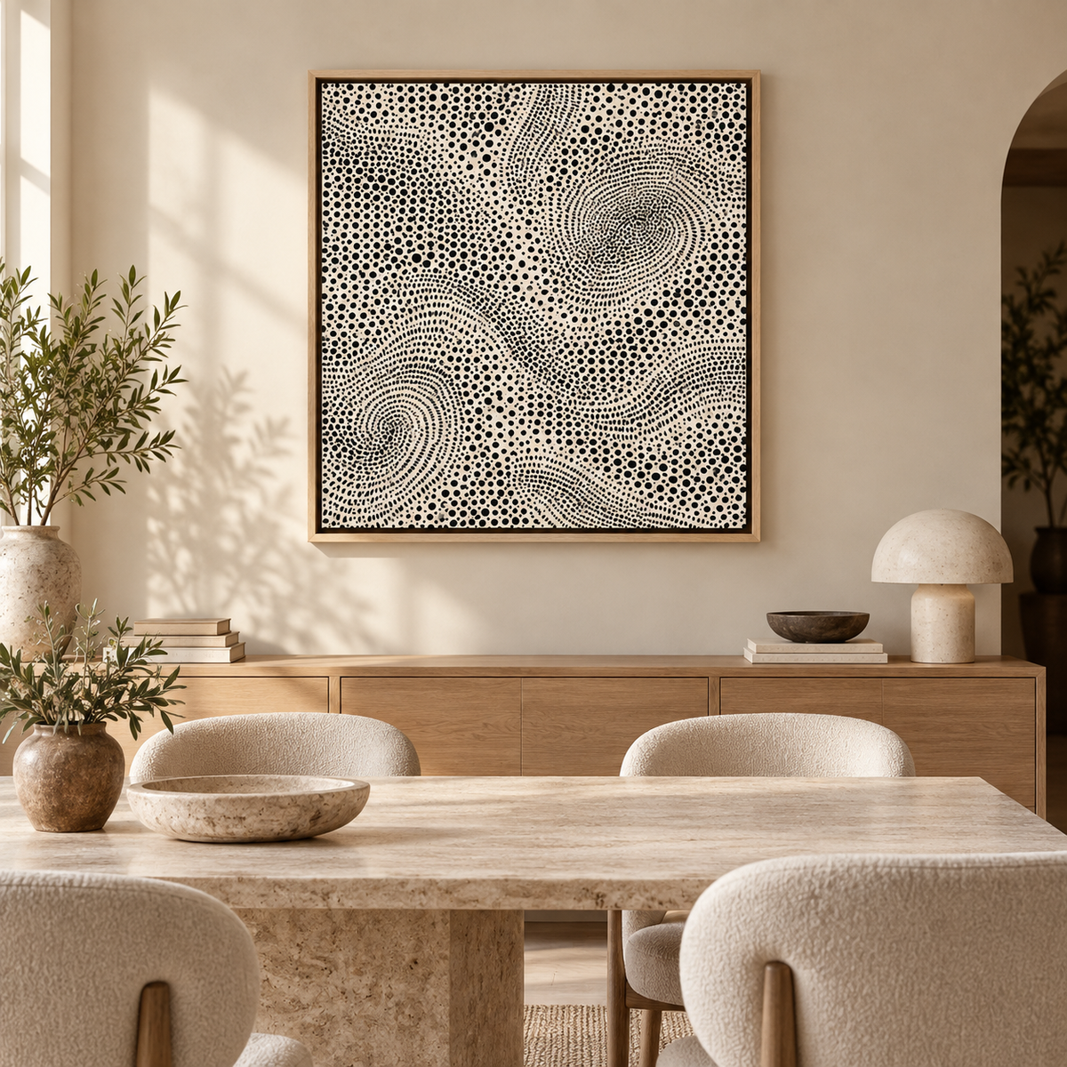 Dotted Currents square canvas print in a natural oak floater frame above an entryway console