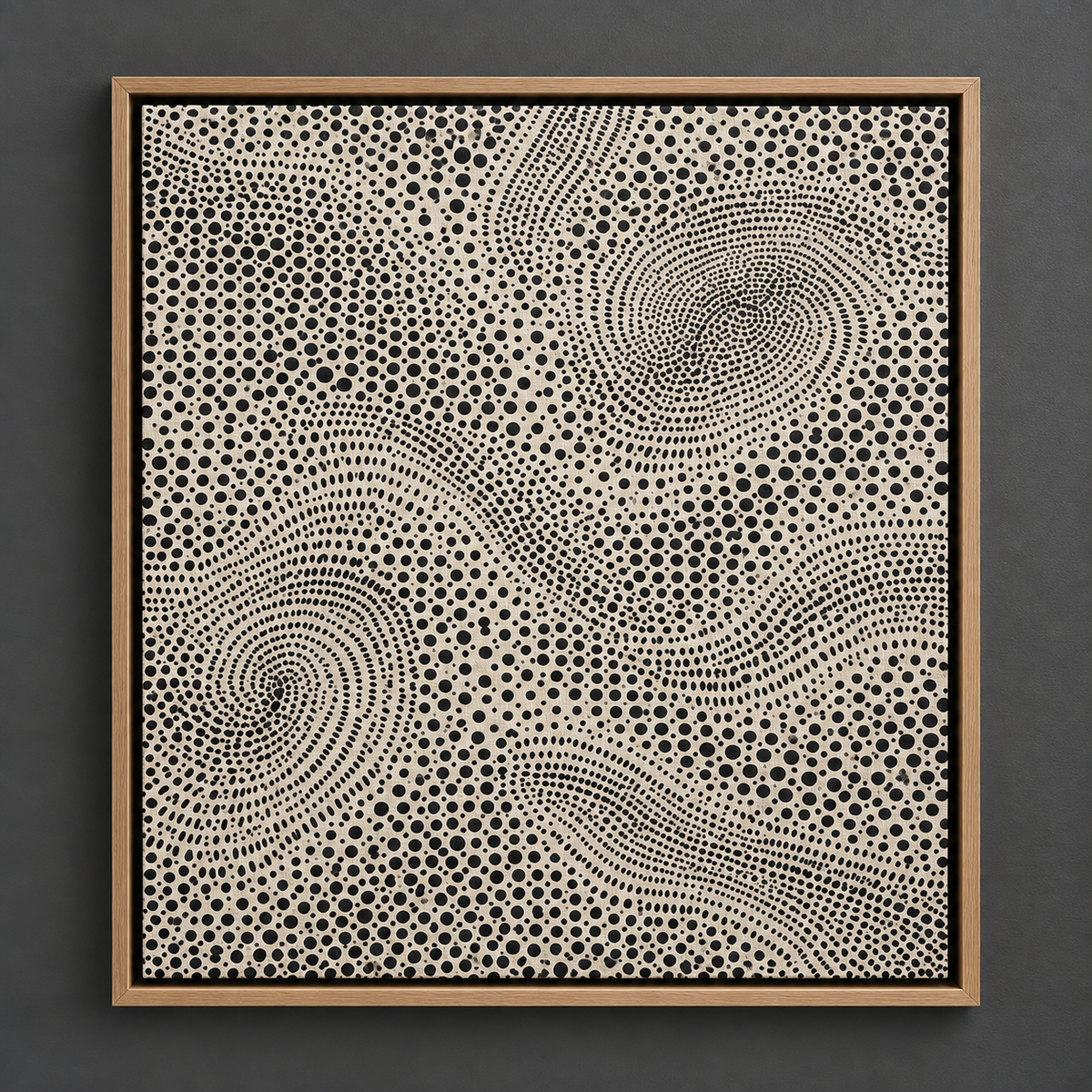 Front view of Dotted Currents black and white abstract canvas print with oak floater frame