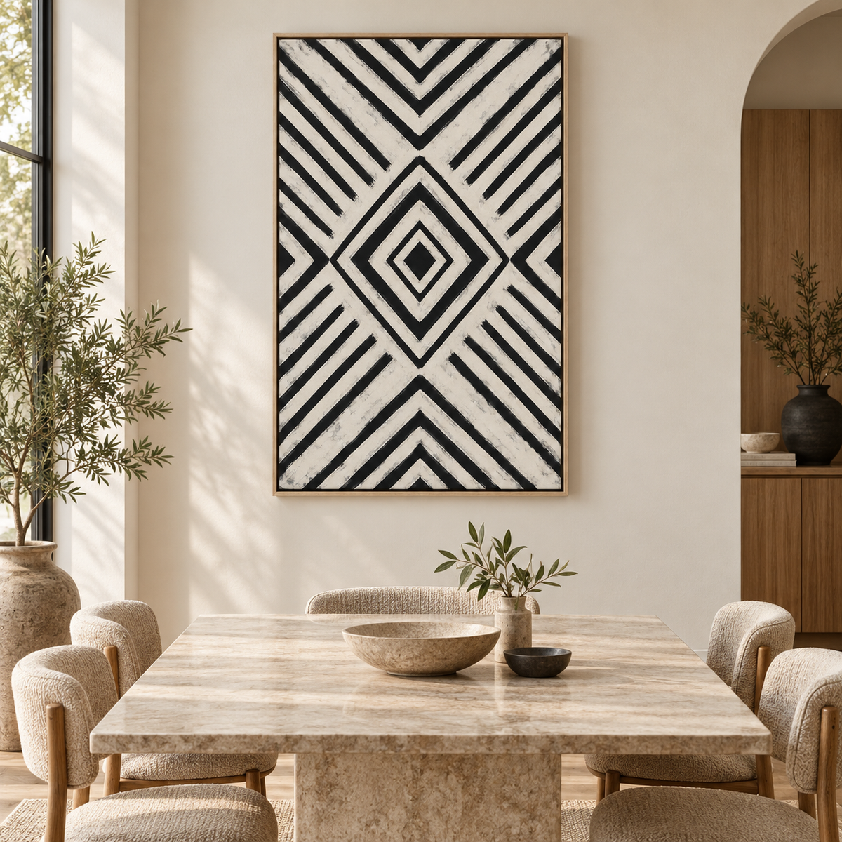 Oversized black and white geometric canvas art in an oak floater frame displayed in a modern living room
