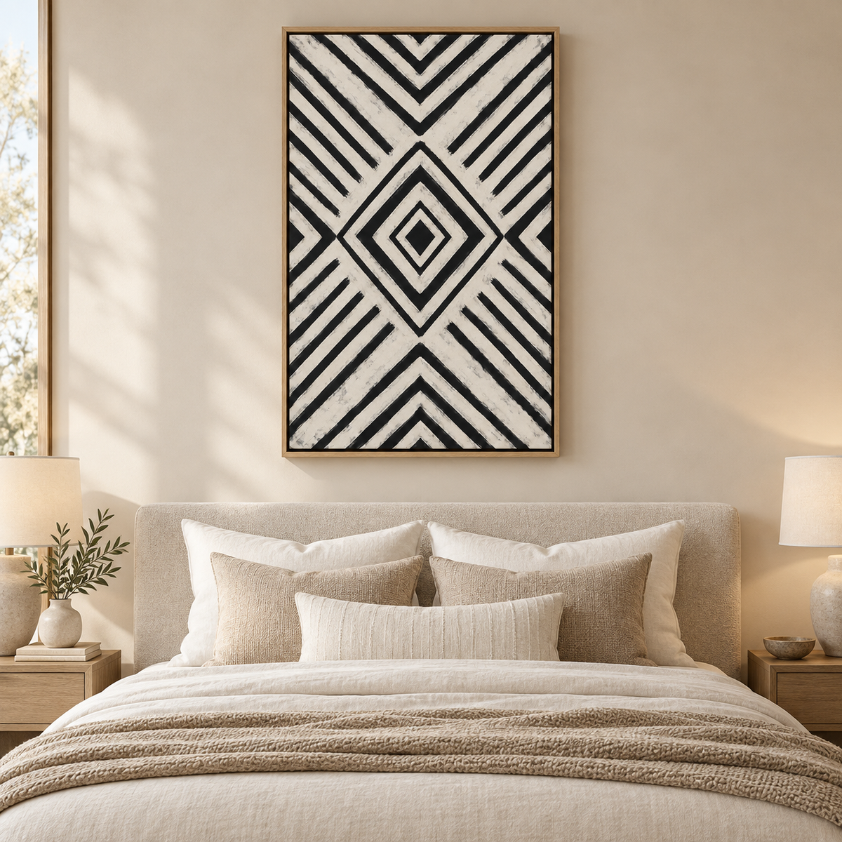 Black and ivory abstract geometric wall art displayed in a neutral room