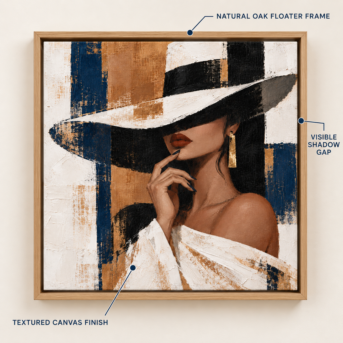 Front view of woman with hat square canvas print in oak floater frame