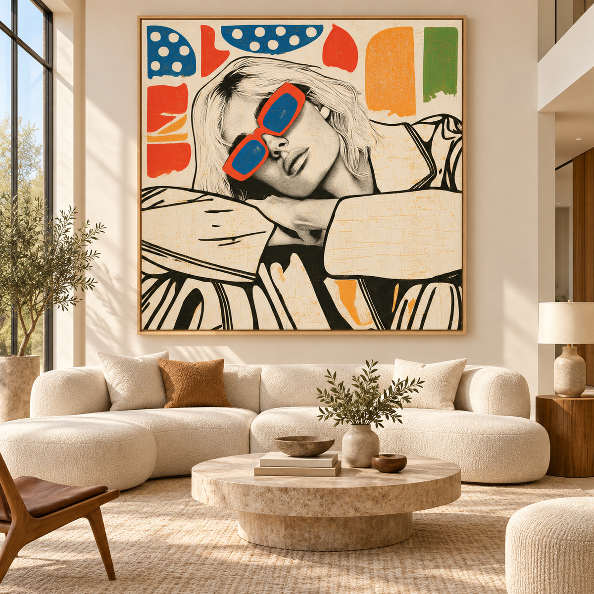 Retro woman sunglasses canvas print in a stylish contemporary living room