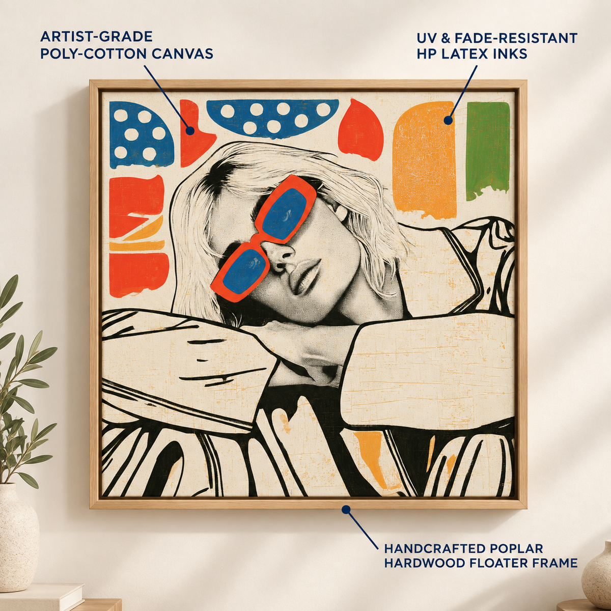 Square retro woman wall art canvas print room mockup