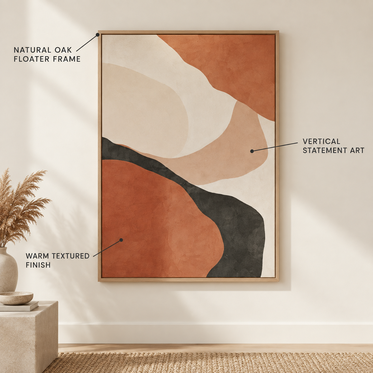 Close-up corner detail of beige neutral abstract canvas print and oak floater frame