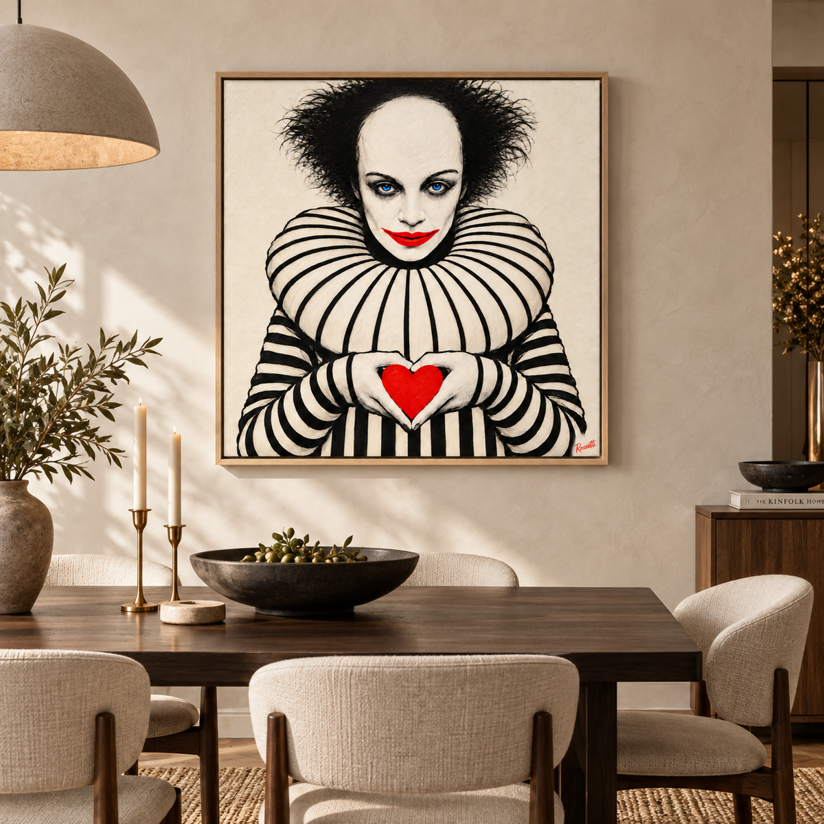 Front view of square clown canvas art in an oak floater frame