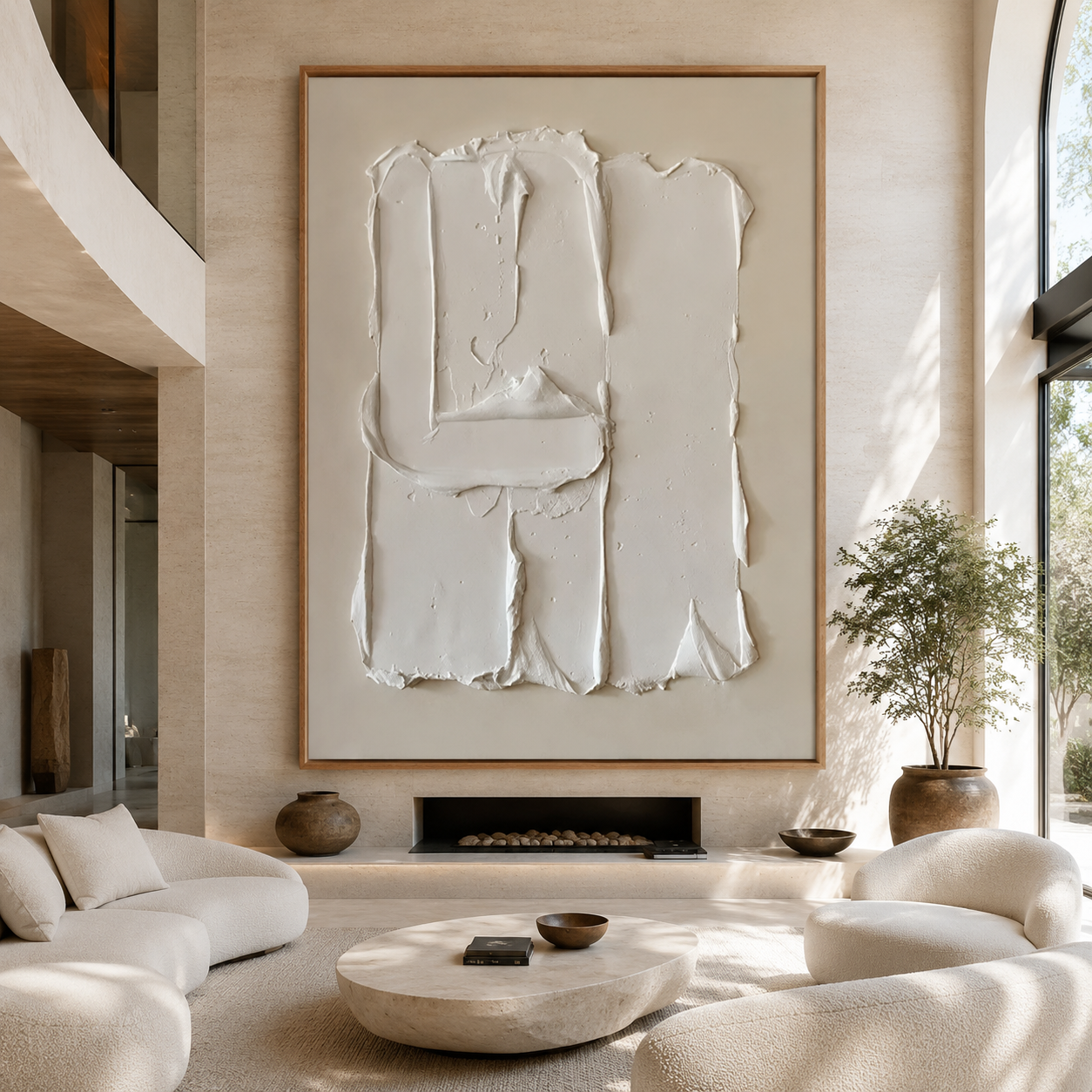 Plaster wall art as a large-scale statement piece above a fireplace in a sunlit living room – Hushed Fold by Rossetti Art