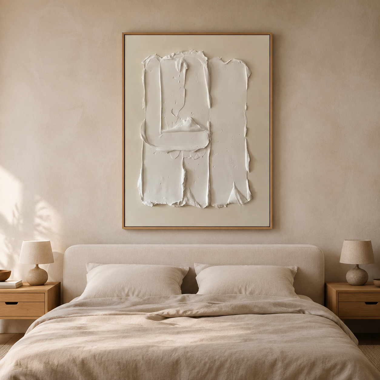 Plaster wall art above a bed in a warm-toned bedroom – Hushed Fold by Rossetti Art