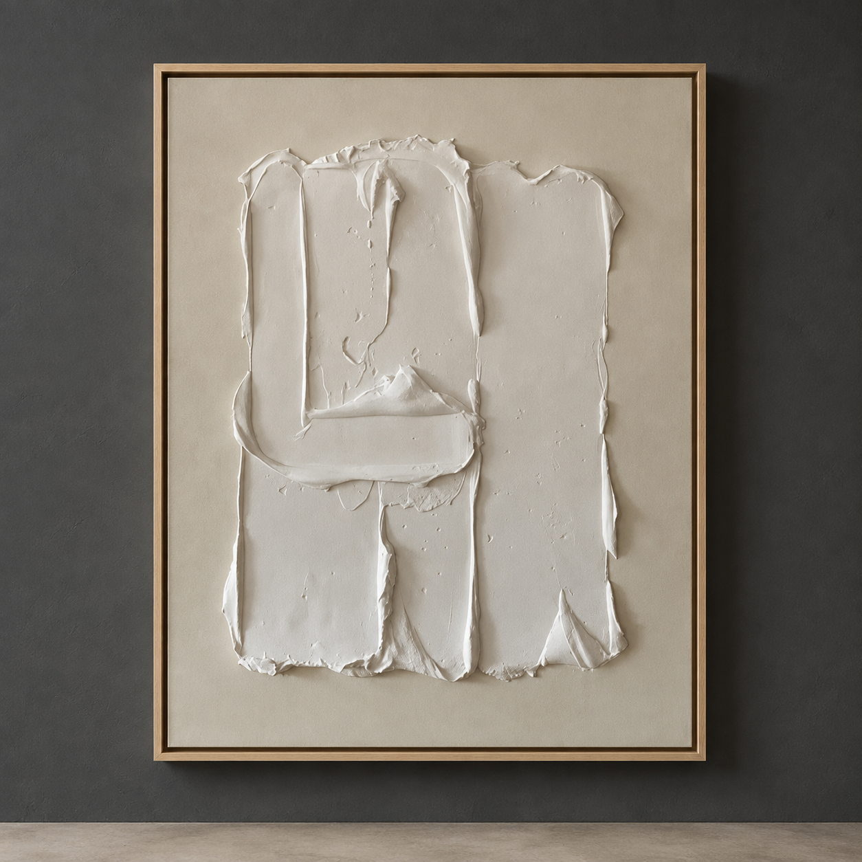 Plaster wall art in bone white and ivory tones with heavy palette-knife texture, framed in natural wood – Hushed Fold by Rossetti Art