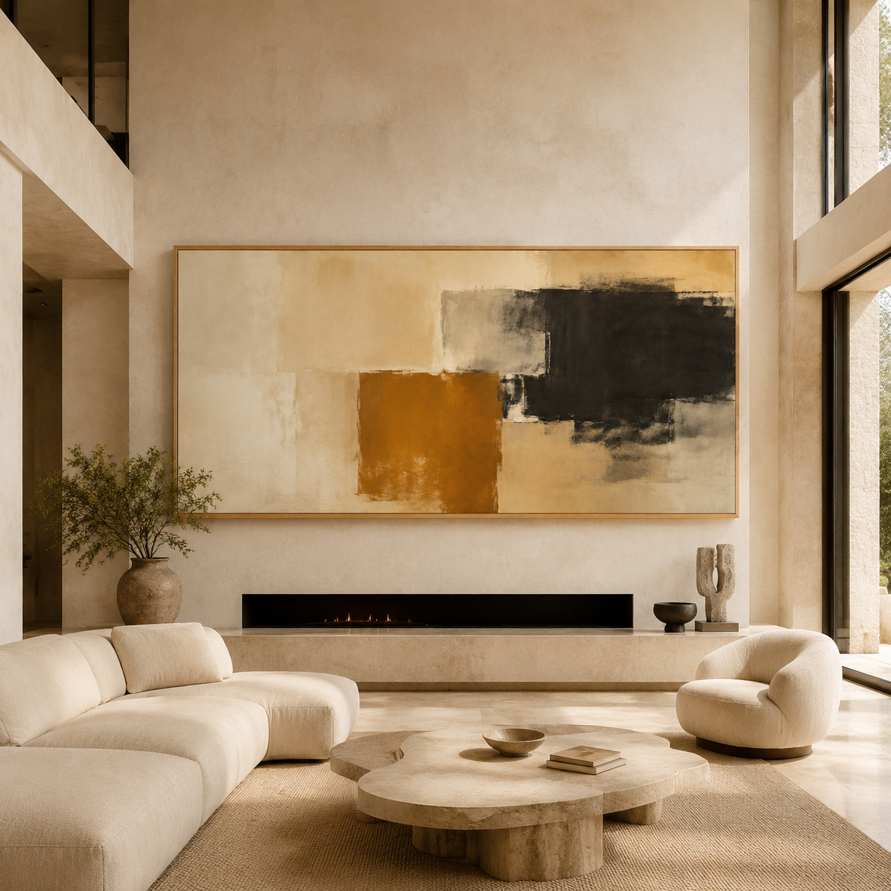 Modern abstract painting as a large-scale statement piece above a fireplace in a sunlit living room – Amber Divide by Rossetti Art