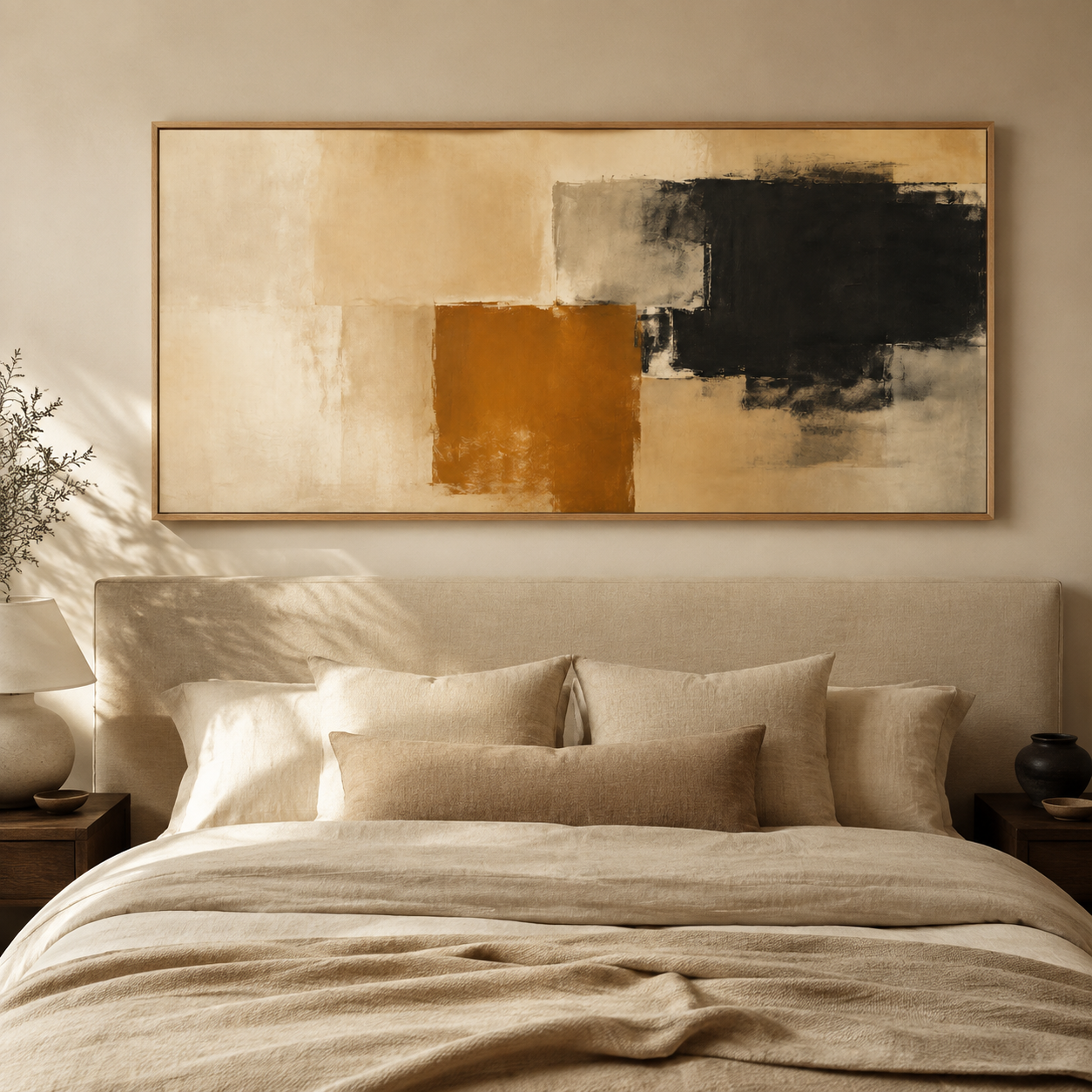 Modern abstract painting above a bed in a warm-toned bedroom – Amber Divide by Rossetti Art