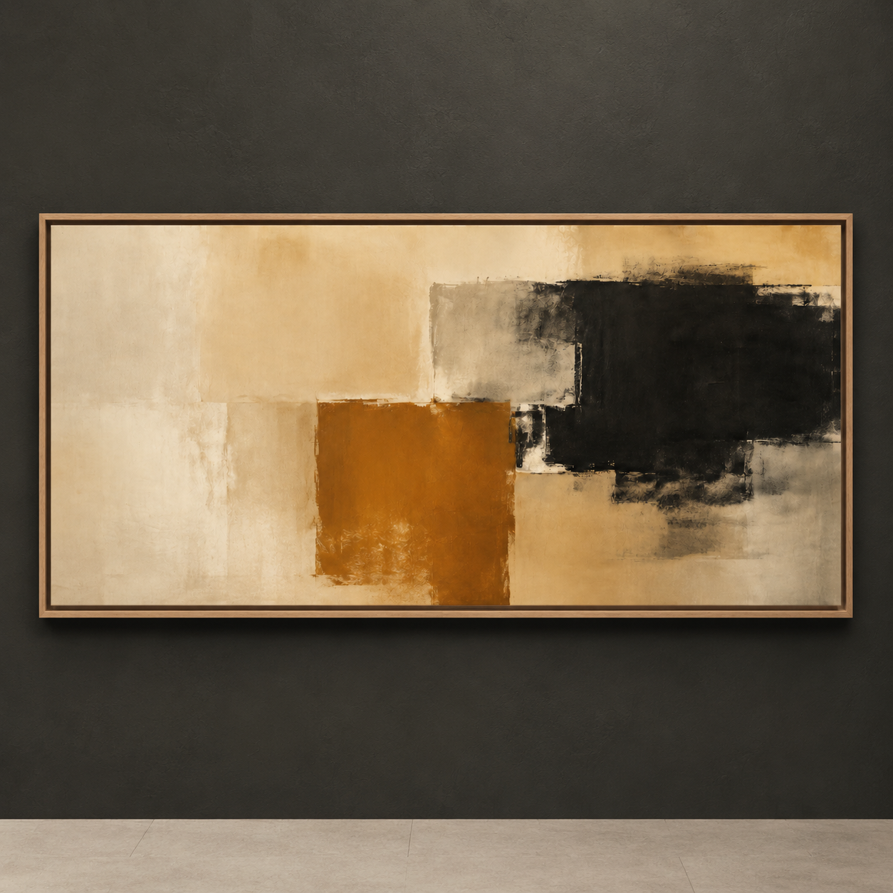 Modern abstract painting in cream, gray, black, and warm amber tones, framed in natural wood – Amber Divide by Rossetti Art