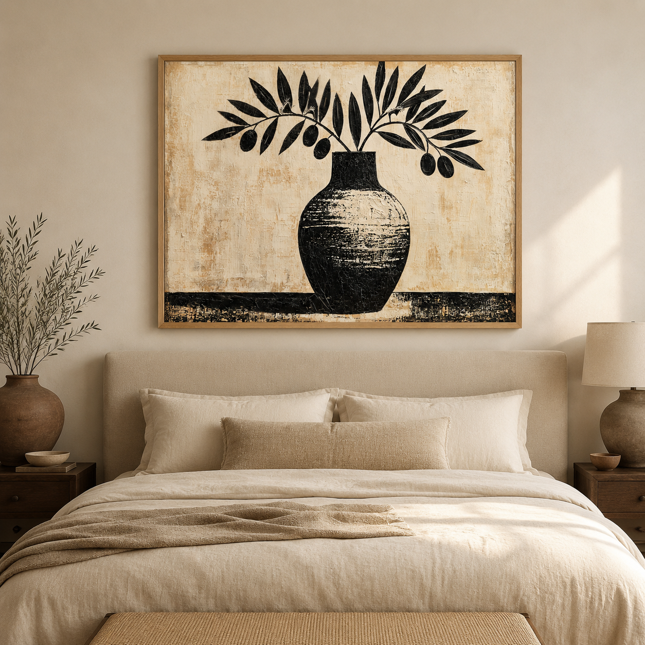 Aegean Grove olive branch painting canvas print above a bed in a neutral bedroom