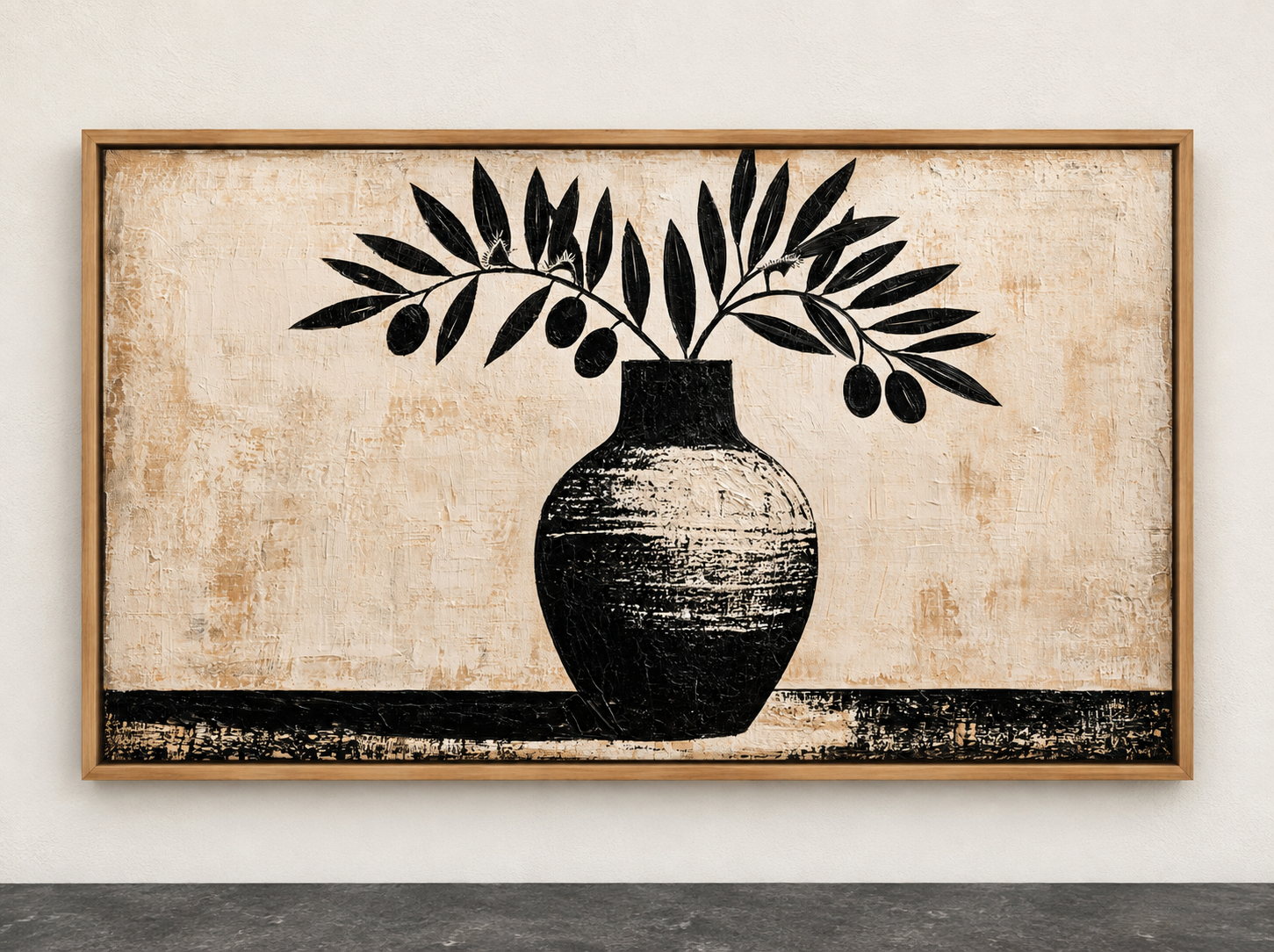 Olive Branch Painting – Aegean Grove framed canvas print on a plain wall by Rossetti Art
