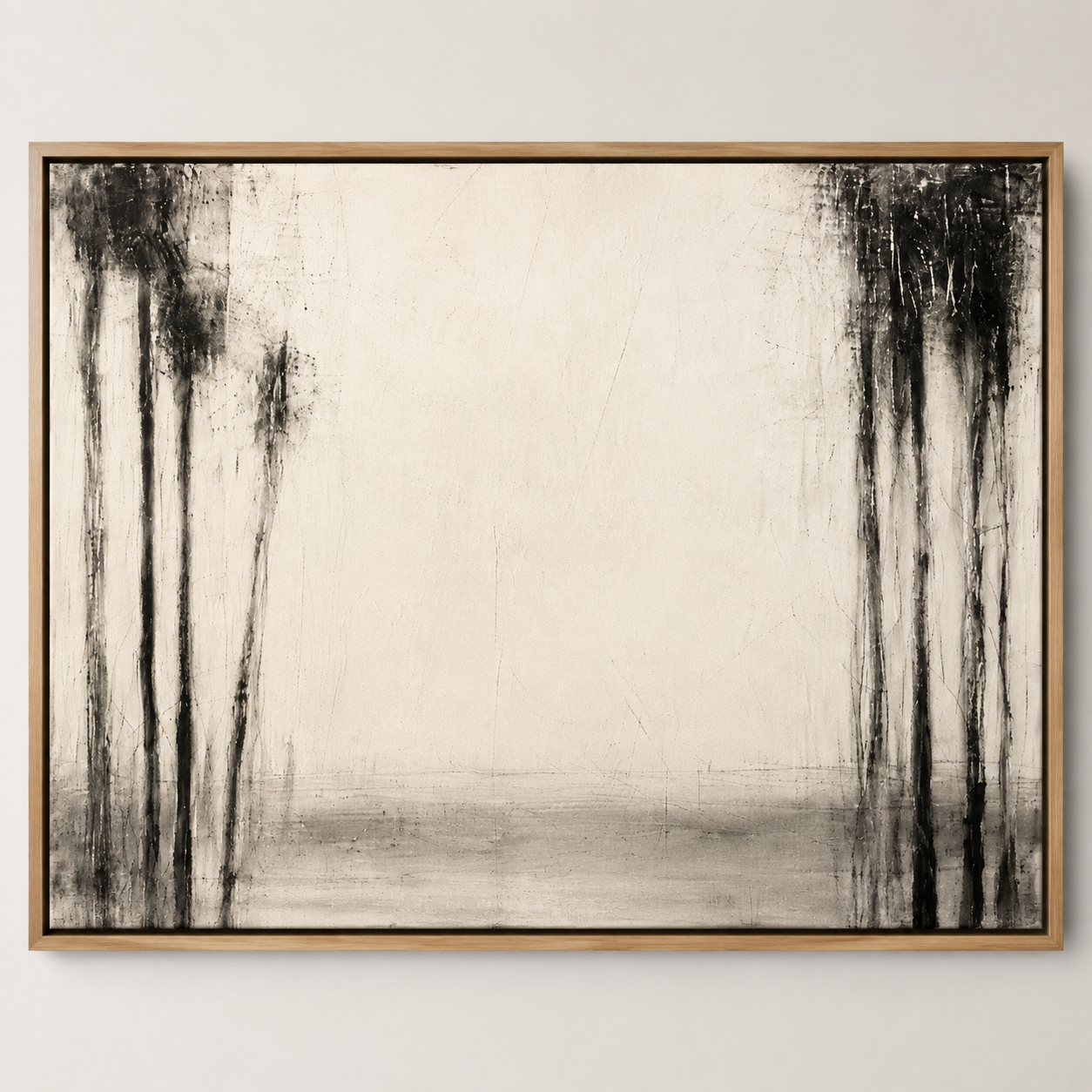 Abstract tree painting in a neutral Mediterranean-style living room above a beige boucle sofa – Winter Grove by Rossetti Art