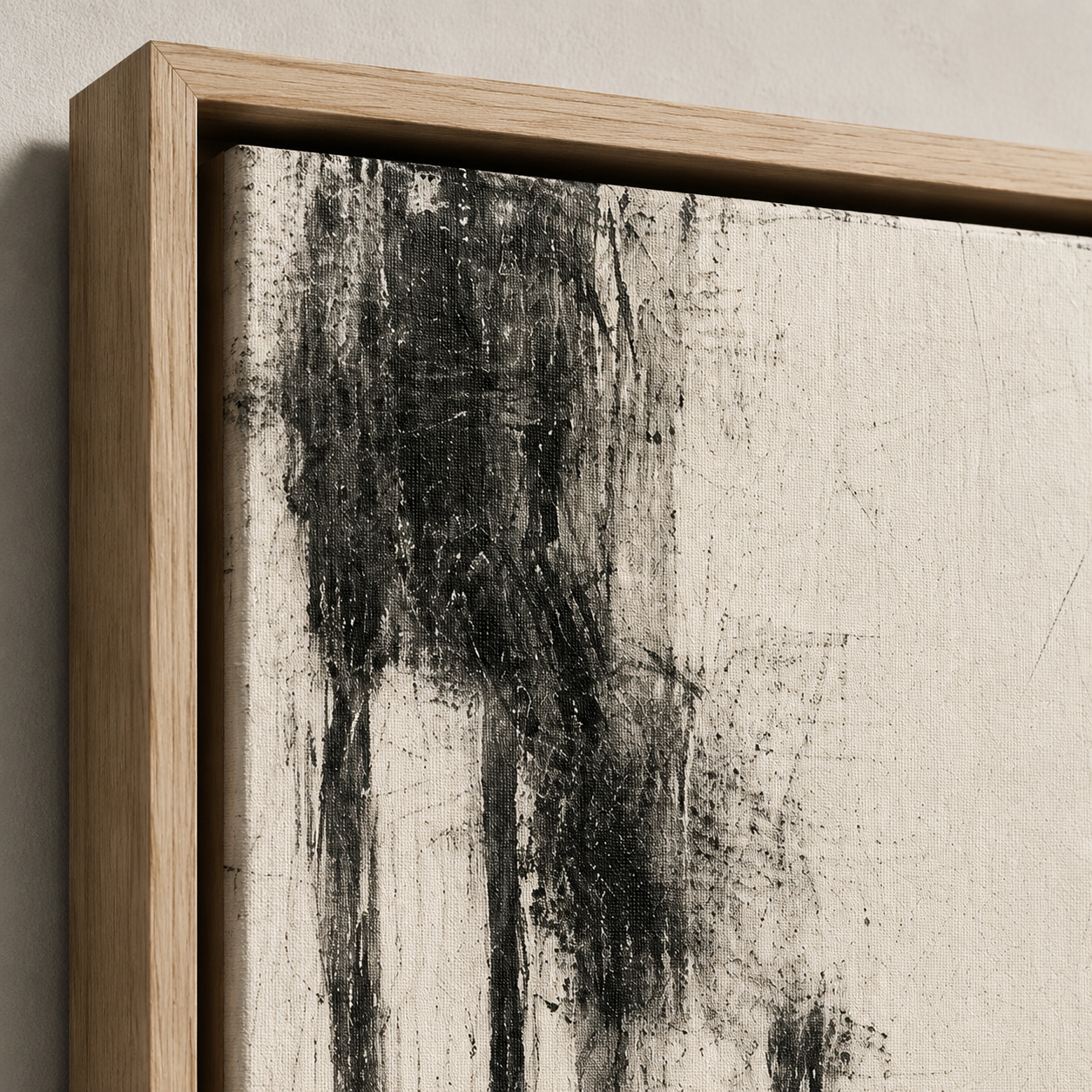 Abstract Tree Painting – Winter Grove, framed in natural oak, black and white original by Rossetti Art