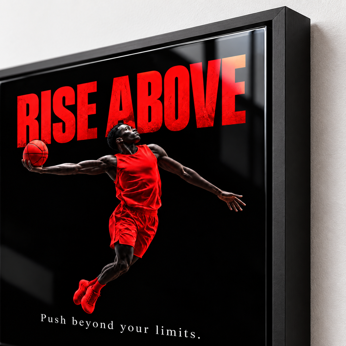Close-up of the glossy acrylic surface and black frame corner on Rise Above basketball wall art