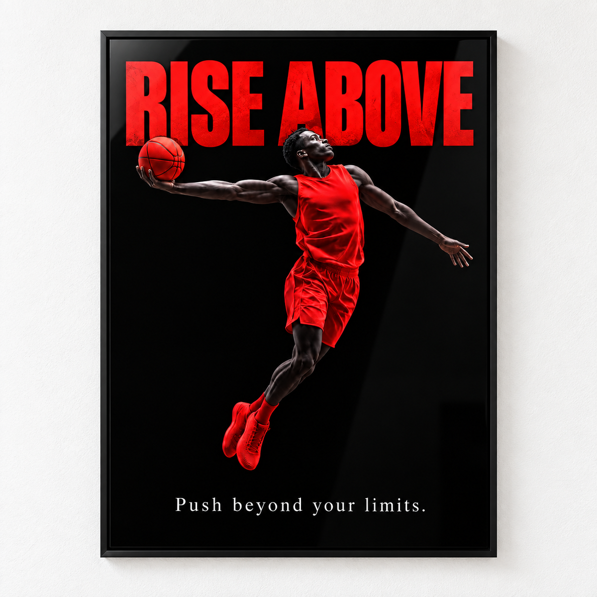 Front view of Basketball Wall Art – Rise Above acrylic print in black frame, red basketball player silhouette on black