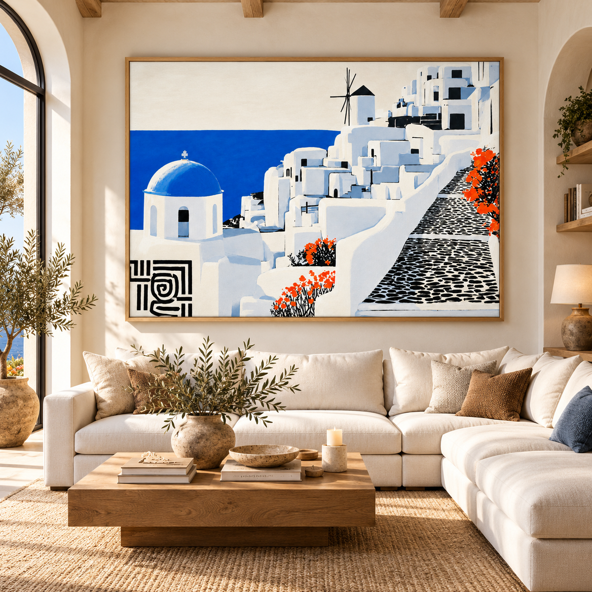 Santorini wall art canvas print with hardwood floater frame in a modern living room – Santorini by Rossetti Art