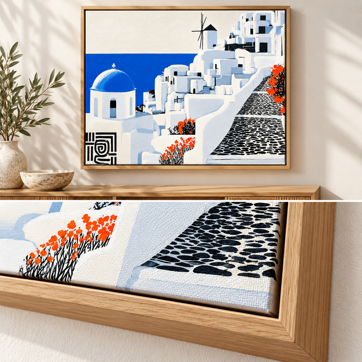 Santorini wall art canvas print styled above a sofa in a coastal living room – Santorini by Rossetti Art