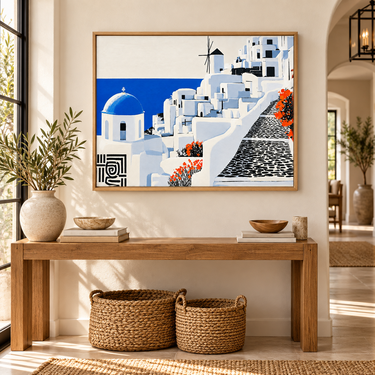 Santorini canvas print in a bright contemporary home office – Santorini by Rossetti Art