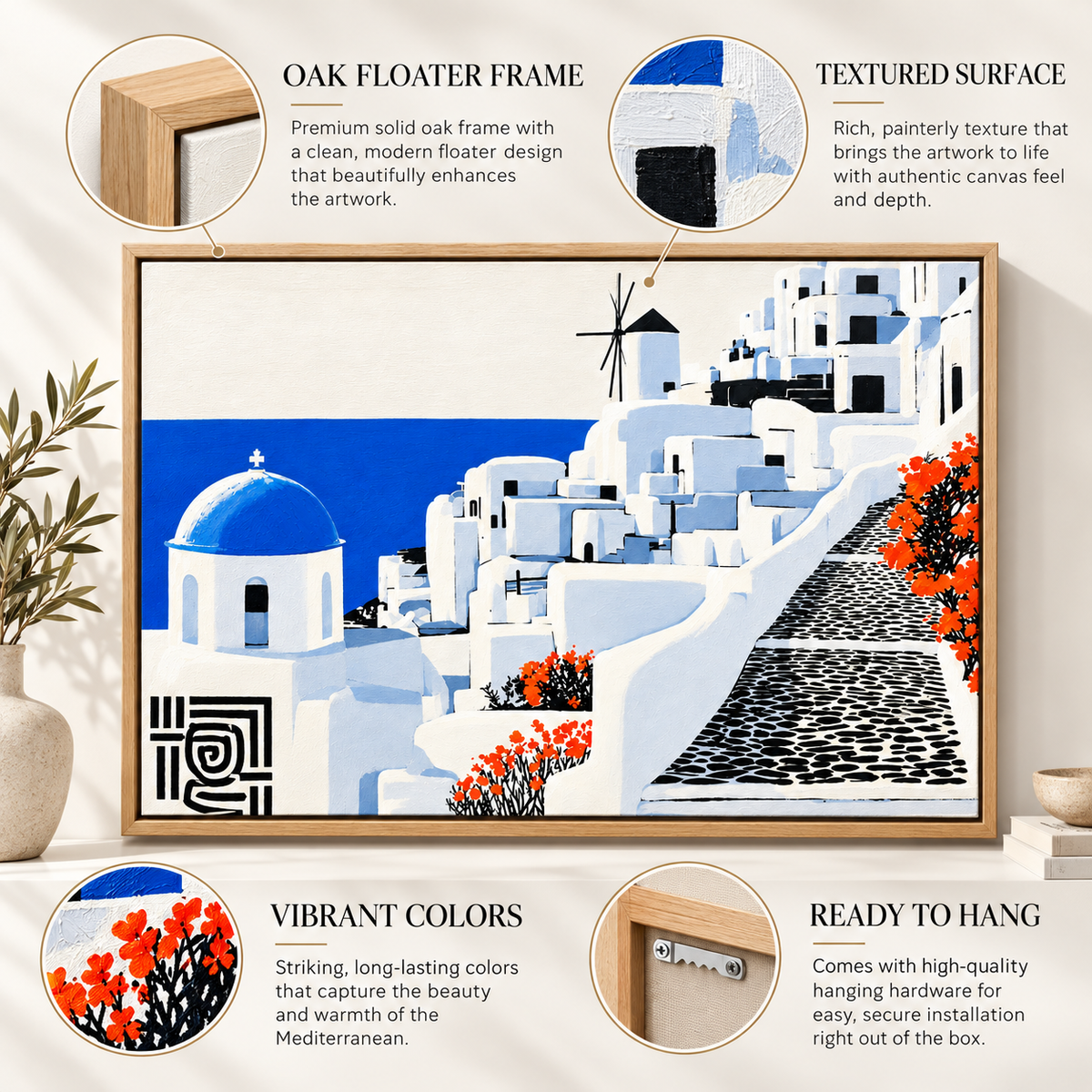 Oversized Santorini wall art canvas print in an entryway – Santorini by Rossetti Art