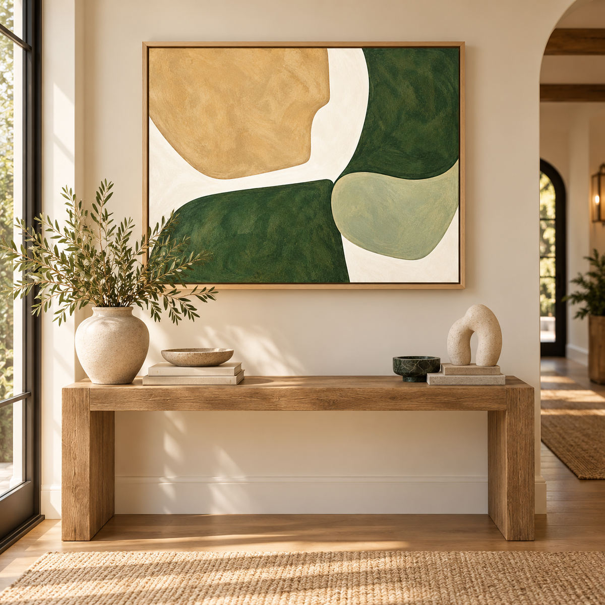 Terra Forms canvas print styled above a bed in a warm neutral bedroom – by Rossetti Art