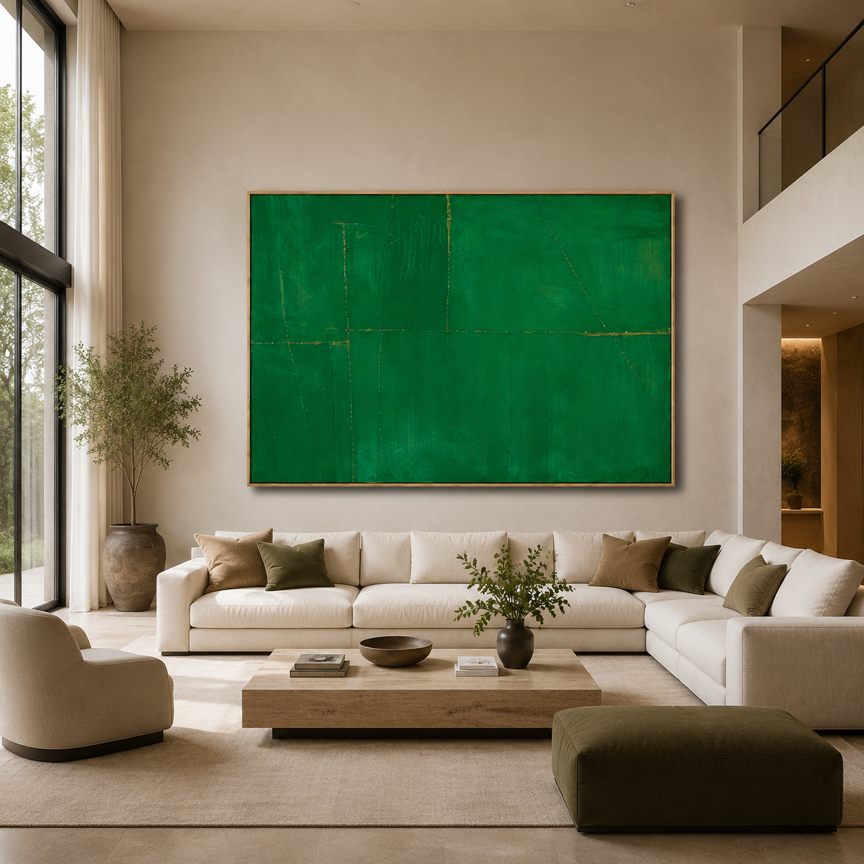Malachite painting above a sofa in a living room – Malachite Drift by Rossetti Art