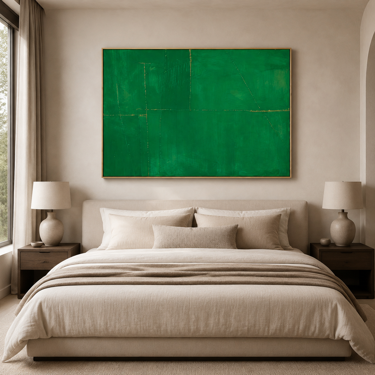 Malachite painting above a bed in a neutral bedroom – Malachite Drift by Rossetti Art