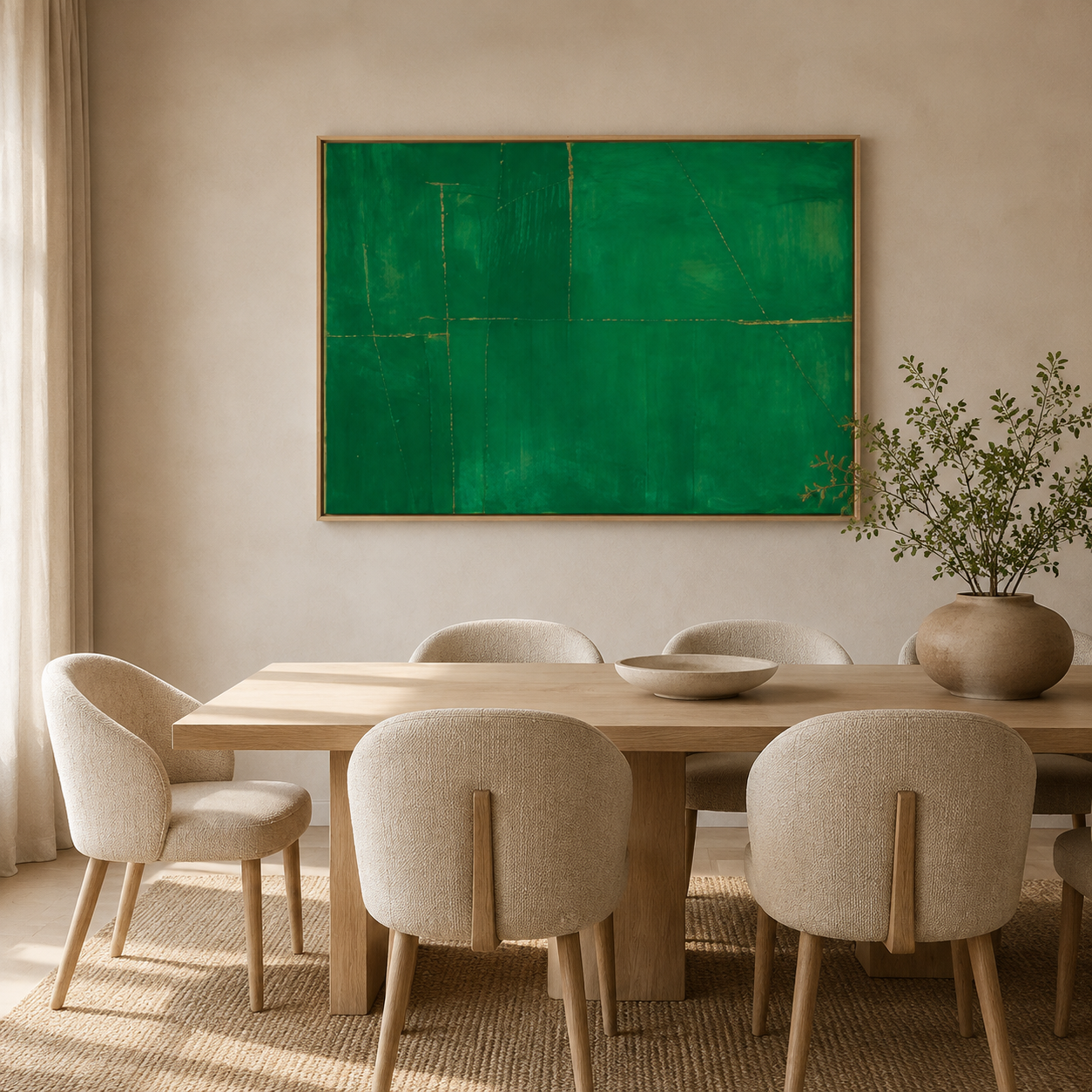 Malachite painting above a dining table in a warm dining room – Malachite Drift by Rossetti Art