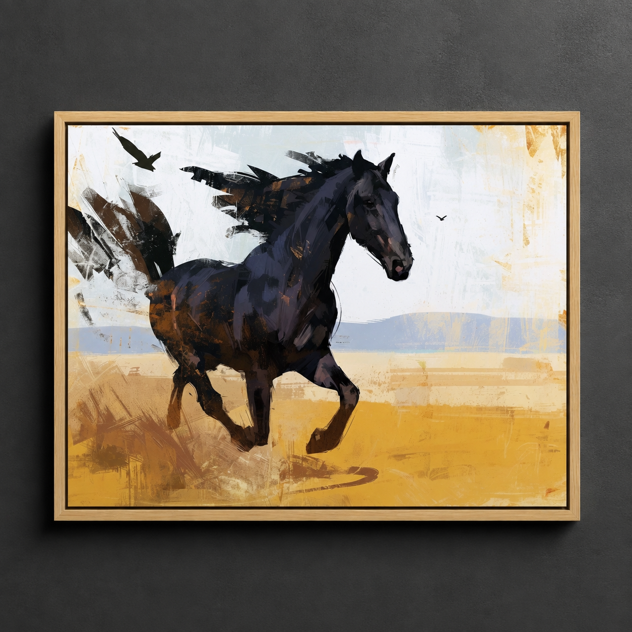 Running Horse Painting — Midnight Gallop, framed canvas front view