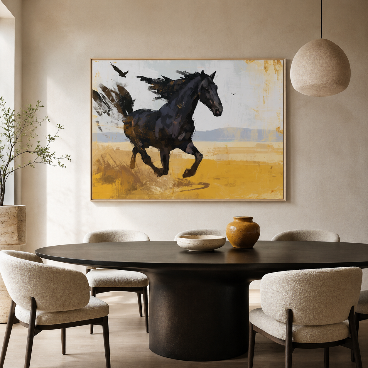Running horse painting displayed above a dining room table