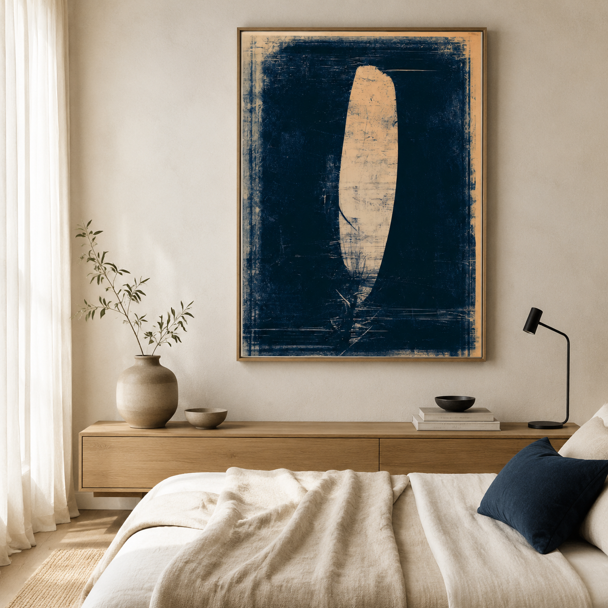 Feather painting hung above the bed in a serene bedroom
