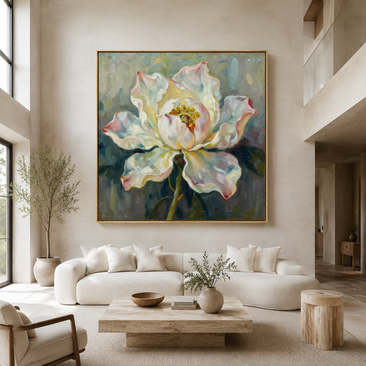 Peony painting in cream and blush pink displayed in a living room – Bloom in Bloom by Rossetti Art