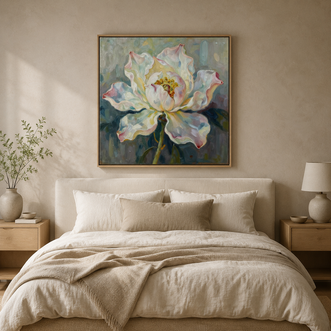 Peony painting above the bed in a serene bedroom – Bloom in Bloom by Rossetti Art