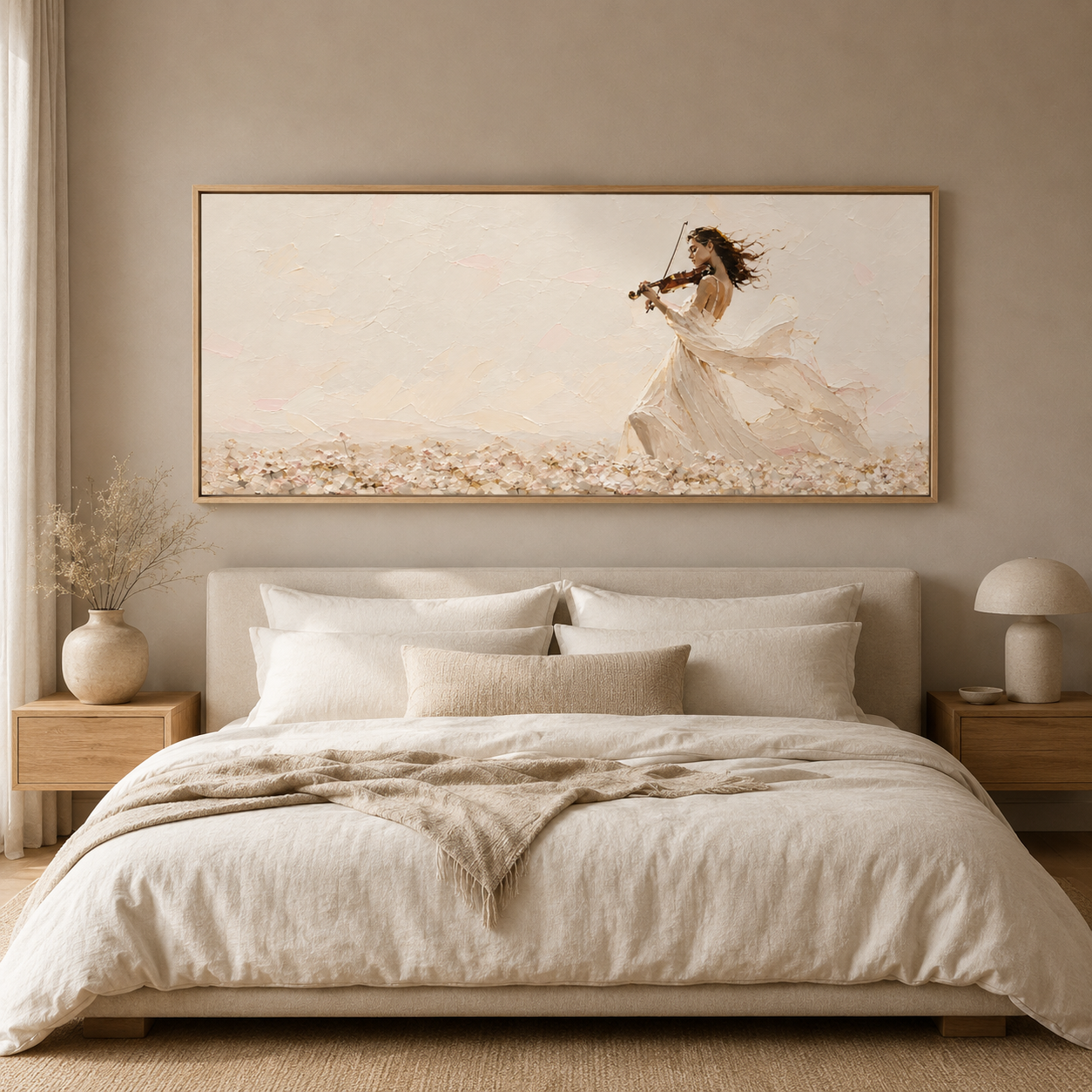 Violin painting hung above the bed in a serene bedroom – Windswept Serenade by Rossetti Art