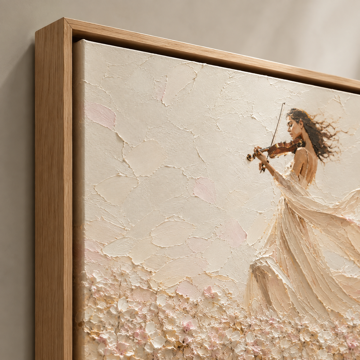 Close-up detail of the impasto texture and oak floater frame on this violin painting – Windswept Serenade by Rossetti Art