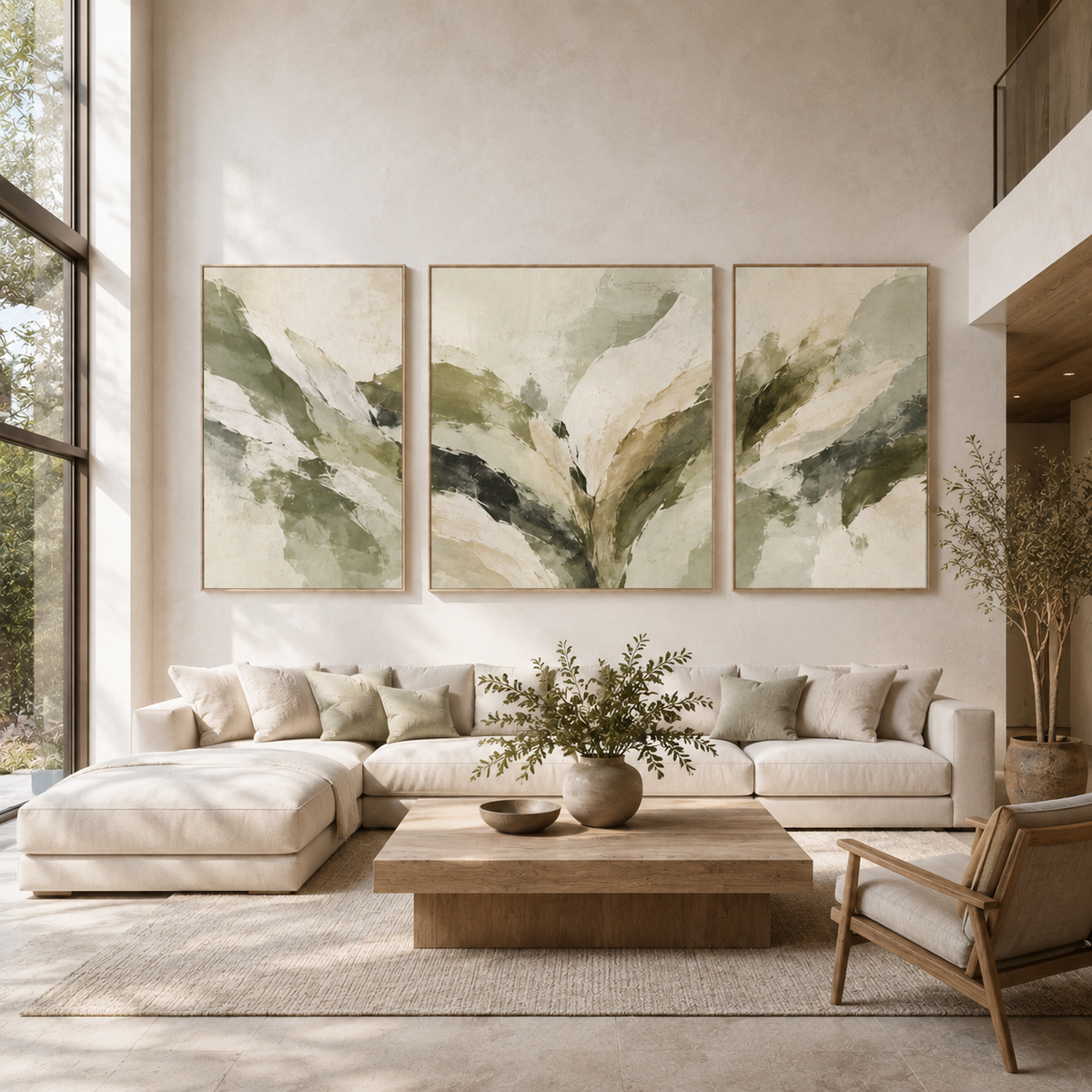 Sage green abstract art canvas set above a bedroom headboard – Quiet Canopy by Rossetti Art