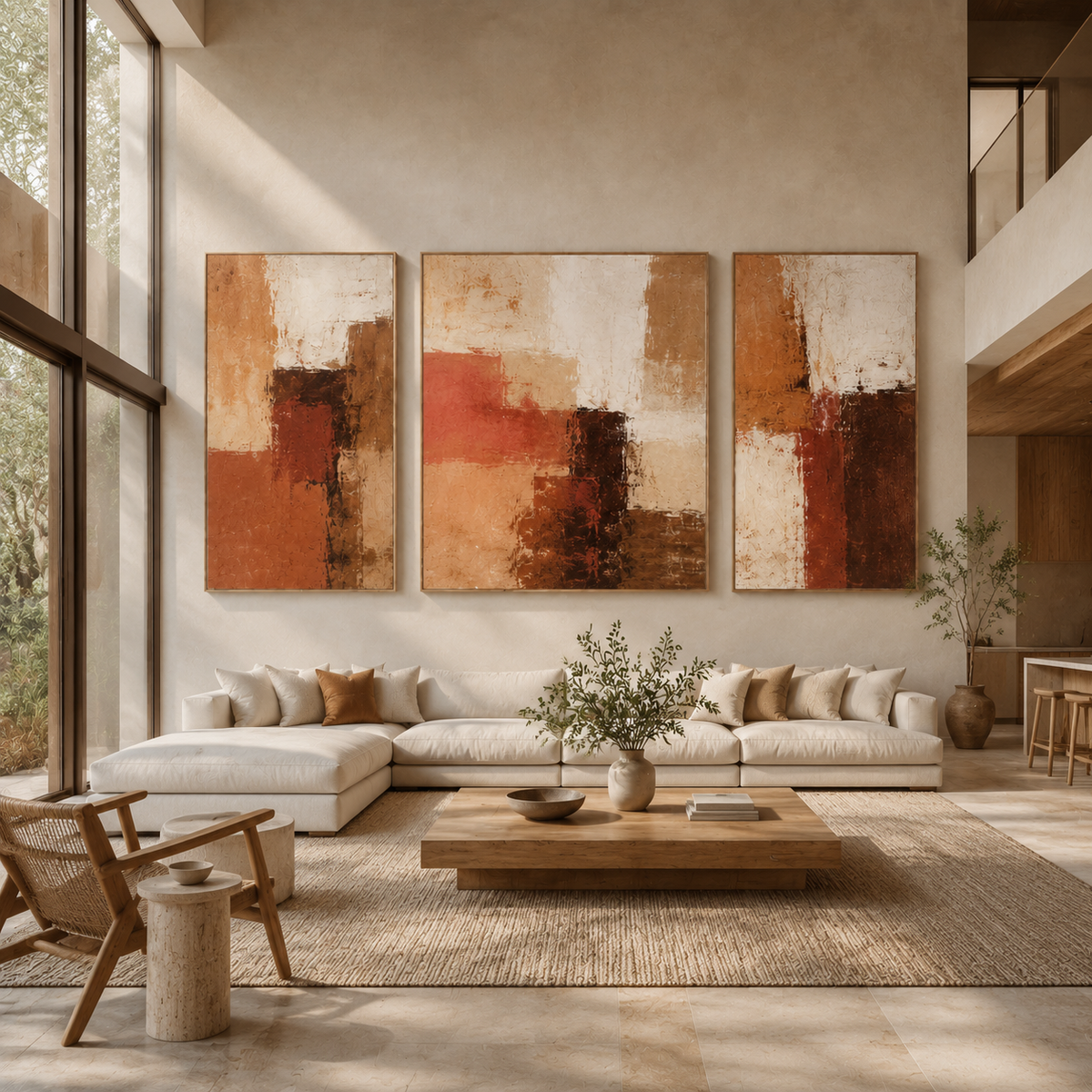 Rust wall art canvas set styled above a living room sofa – Amber Divide by Rossetti Art