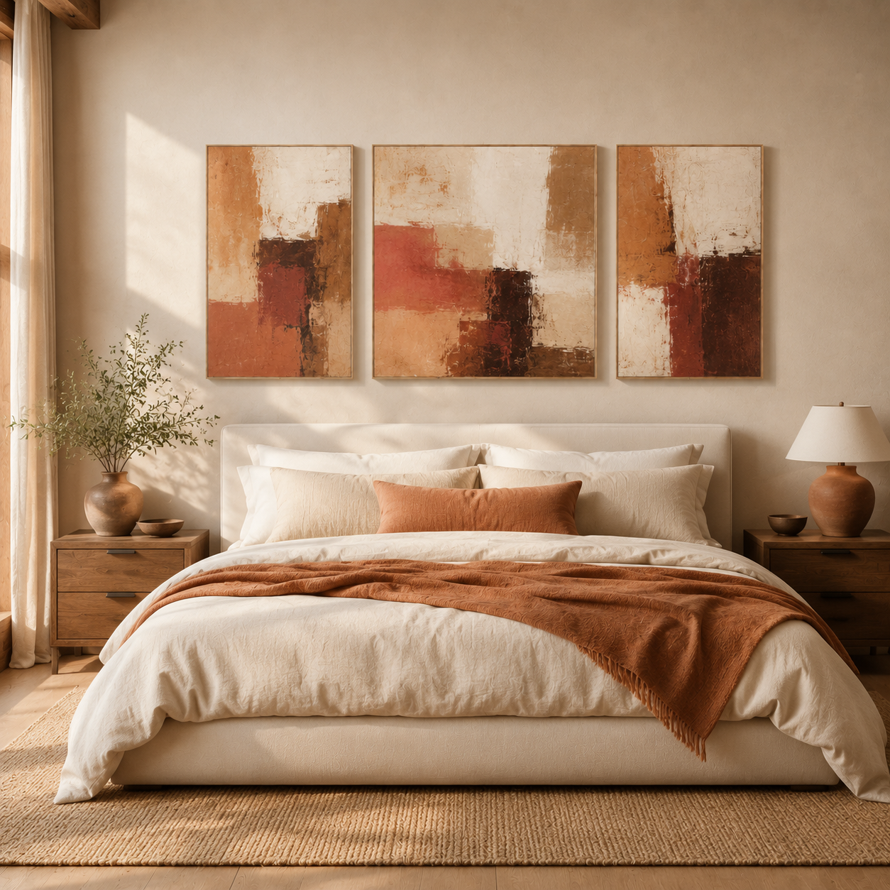 Rust wall art canvas set above a bedroom headboard – Amber Divide by Rossetti Art