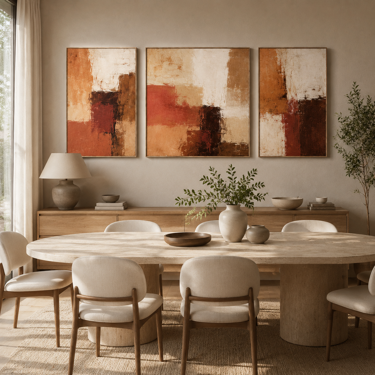 Rust wall art canvas set in a dining room above a console – Amber Divide by Rossetti Art