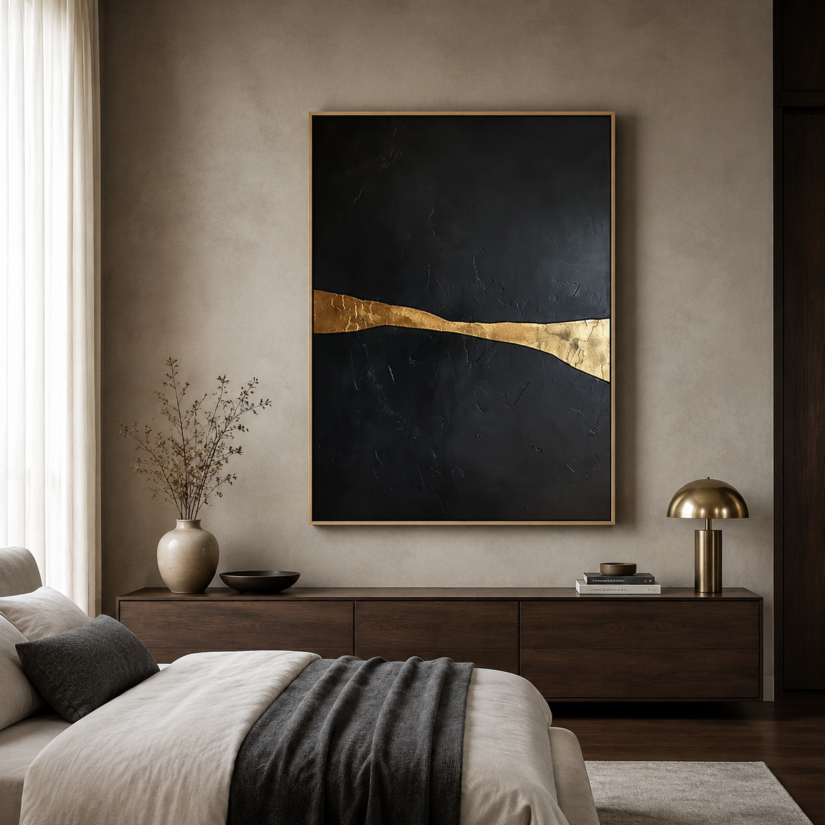 Golden Fault Line abstract landscape painting above a bed in a warm-toned bedroom – Rossetti Art