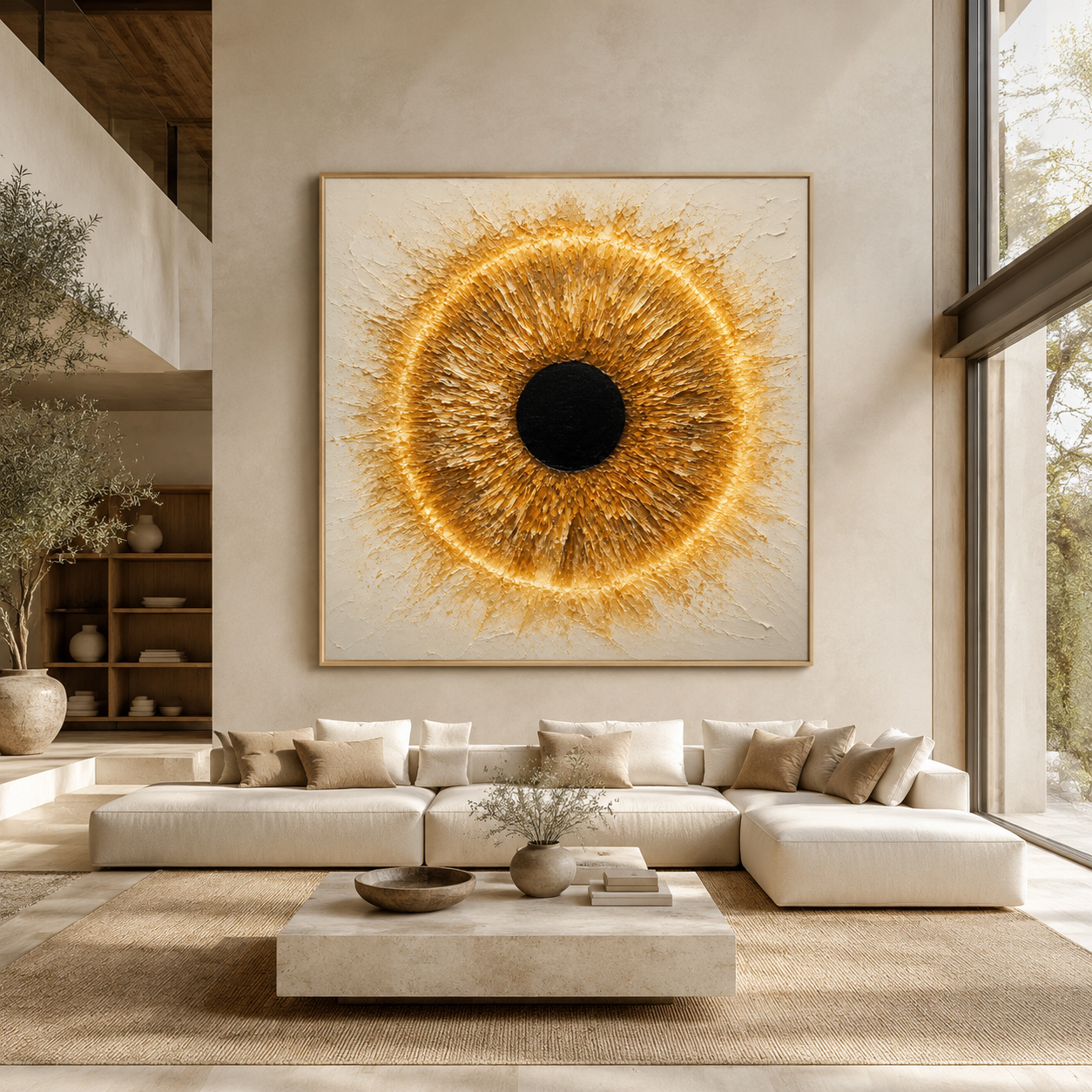 Eye painting abstract canvas print in a gold frame above a living room sofa — Solar Iris by Rossetti Art