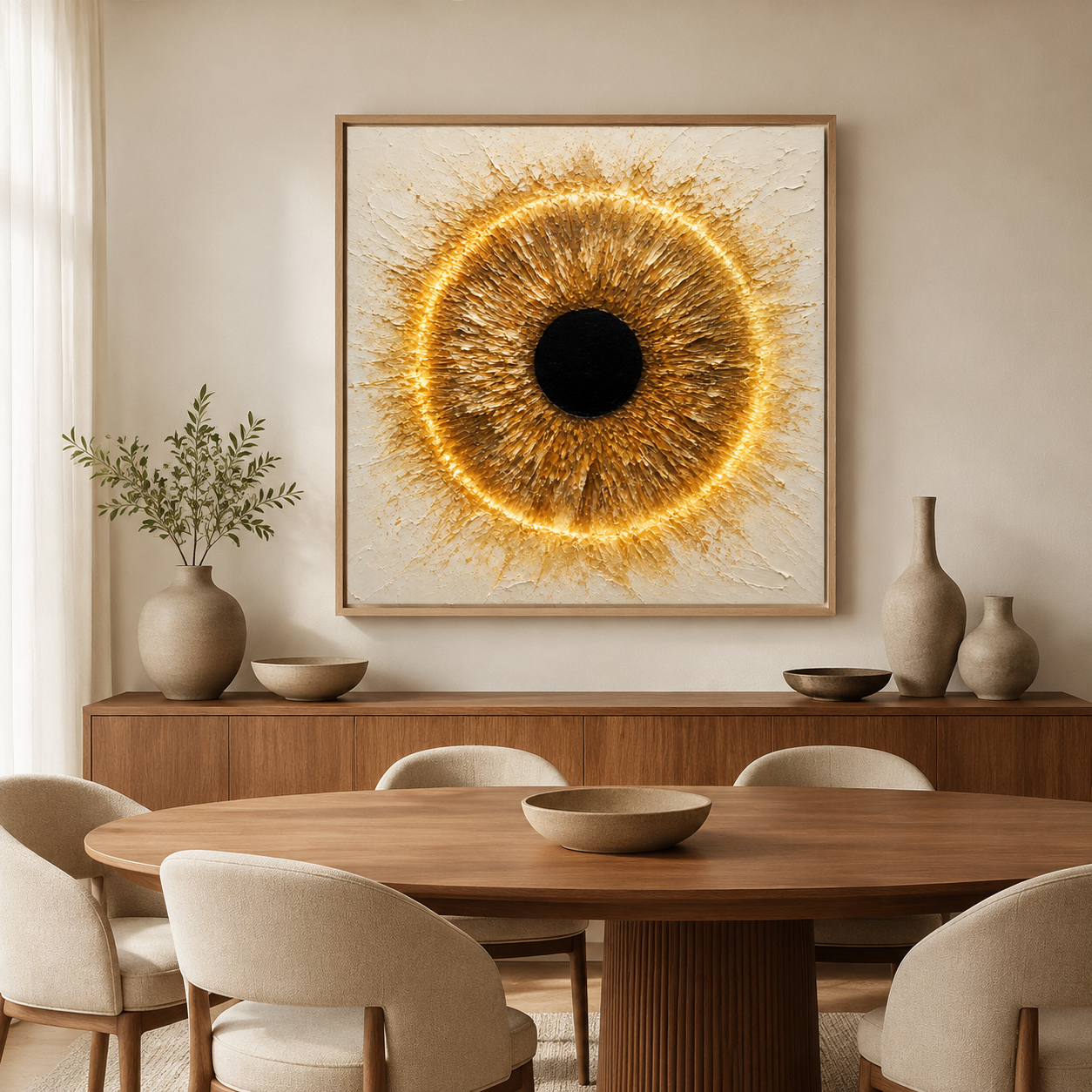 Eye painting abstract canvas print in an oak frame above a dining room sideboard — Solar Iris by Rossetti Art